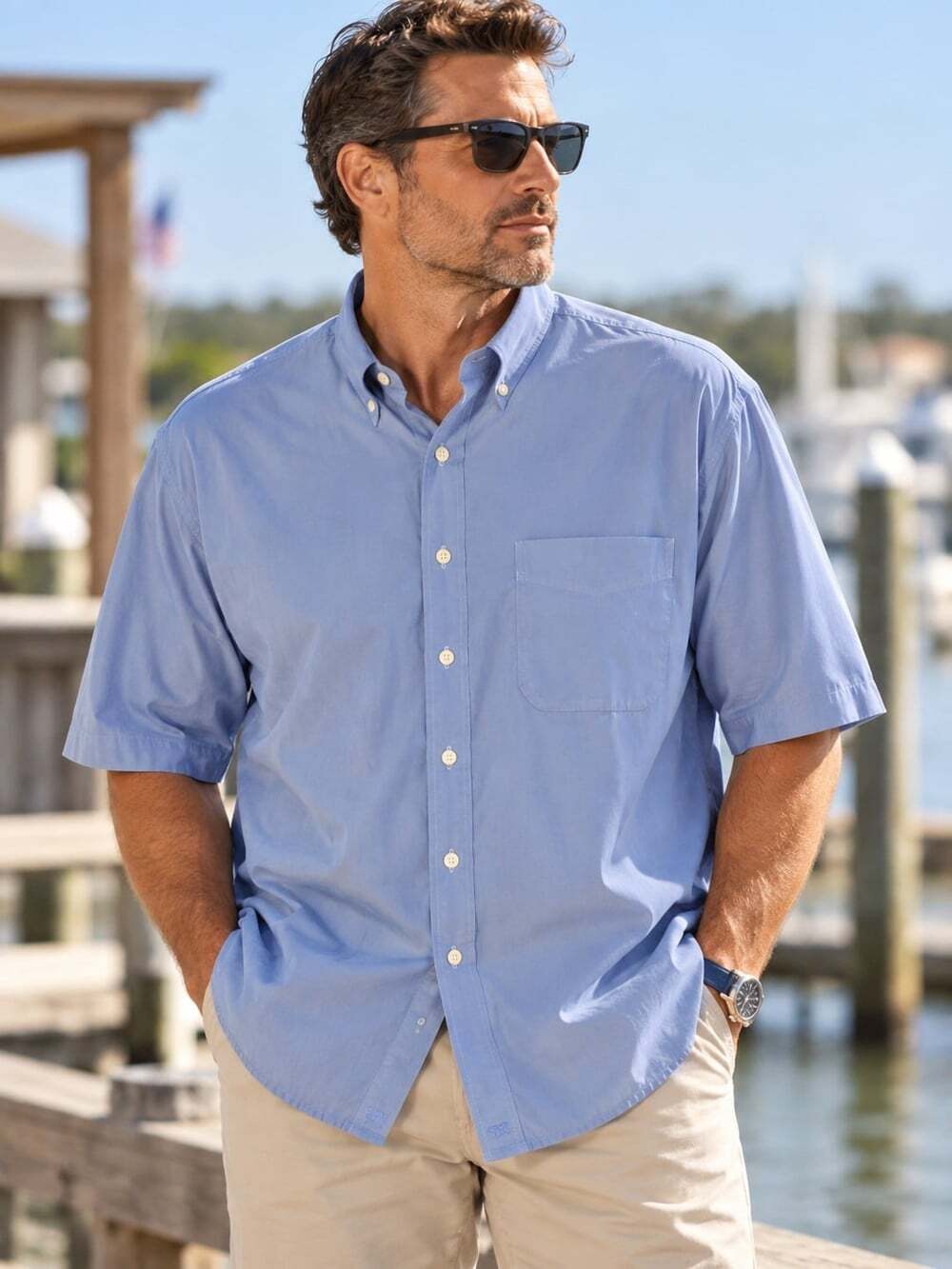 Cutter & Buck Blue Short Sleeve Egyptian Cotton Button Down Dress Shirt Mens XLT